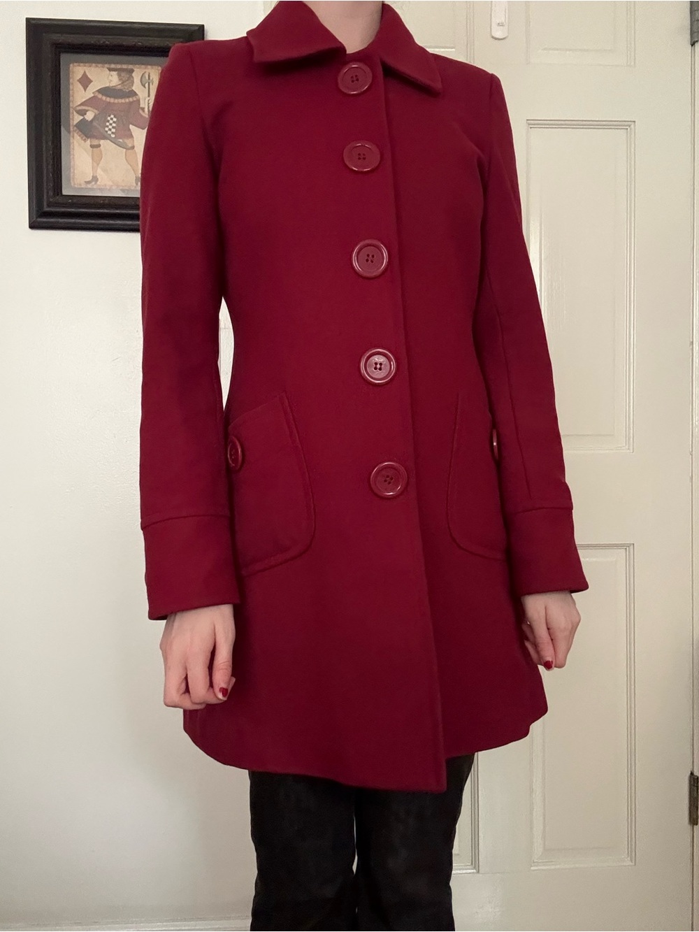 Tulle Deep Red Single-Breasted Wool Pea Coat
